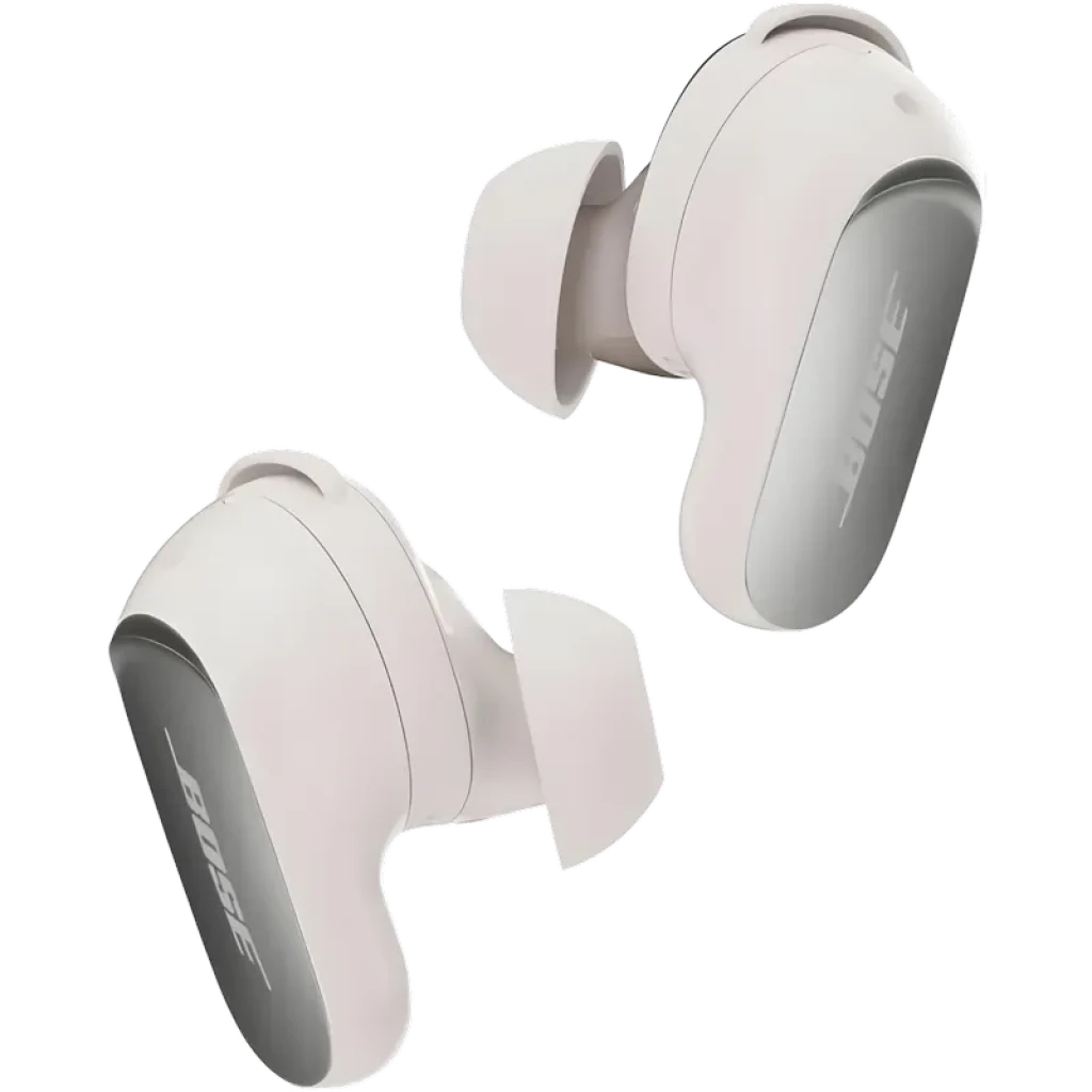 Bose QuietComfort Ultra 2e gén blanc, écouteurs intra Bluetooth au design compact, embouts silicone, coques bicolores gris perle avec logo Bose visible