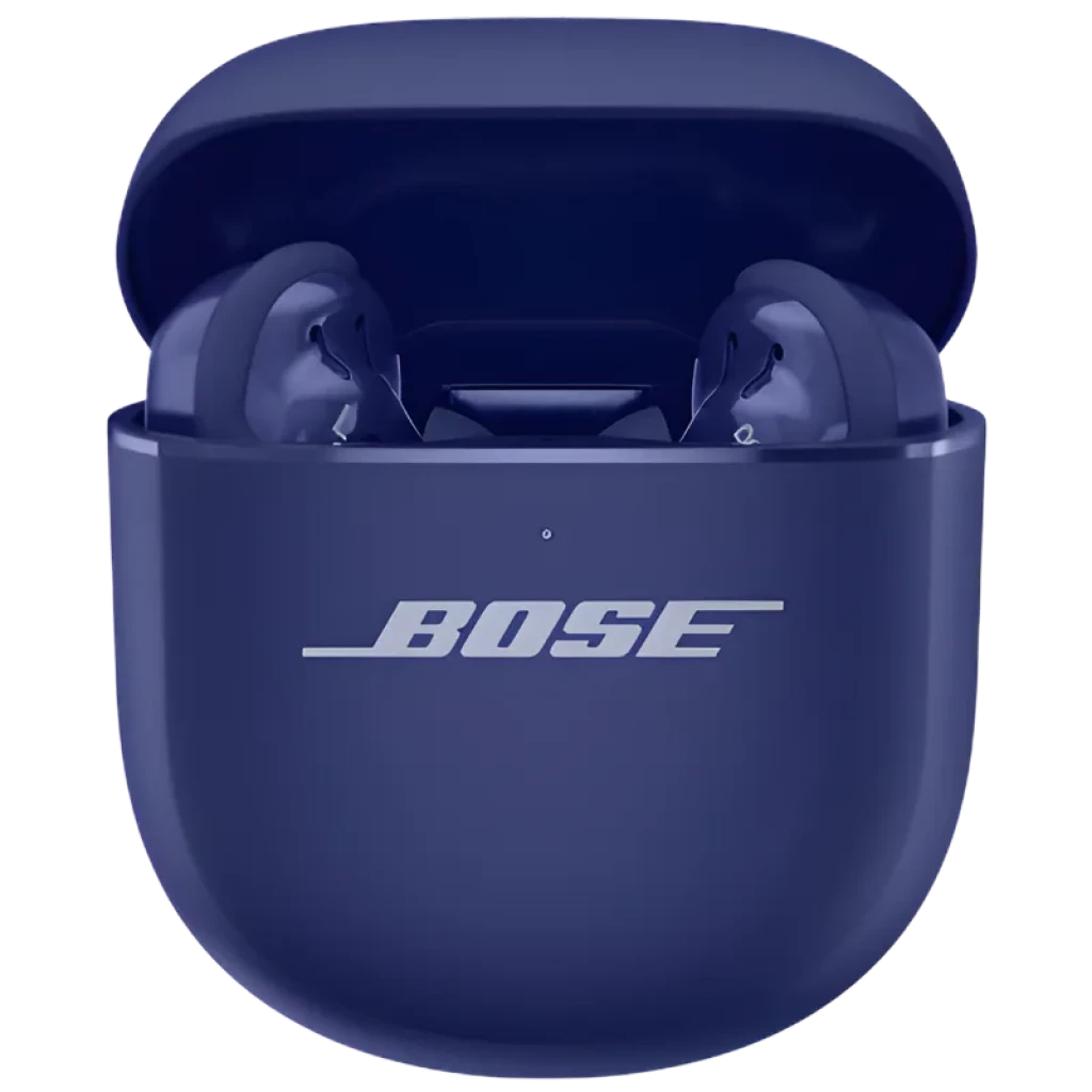 Estojo roxo dos Bose QuietComfort Ultra 2ª geração com dois auriculares intra-auriculares, acabamento fosco, tampa arredondada e logotipo BOSE centralizado