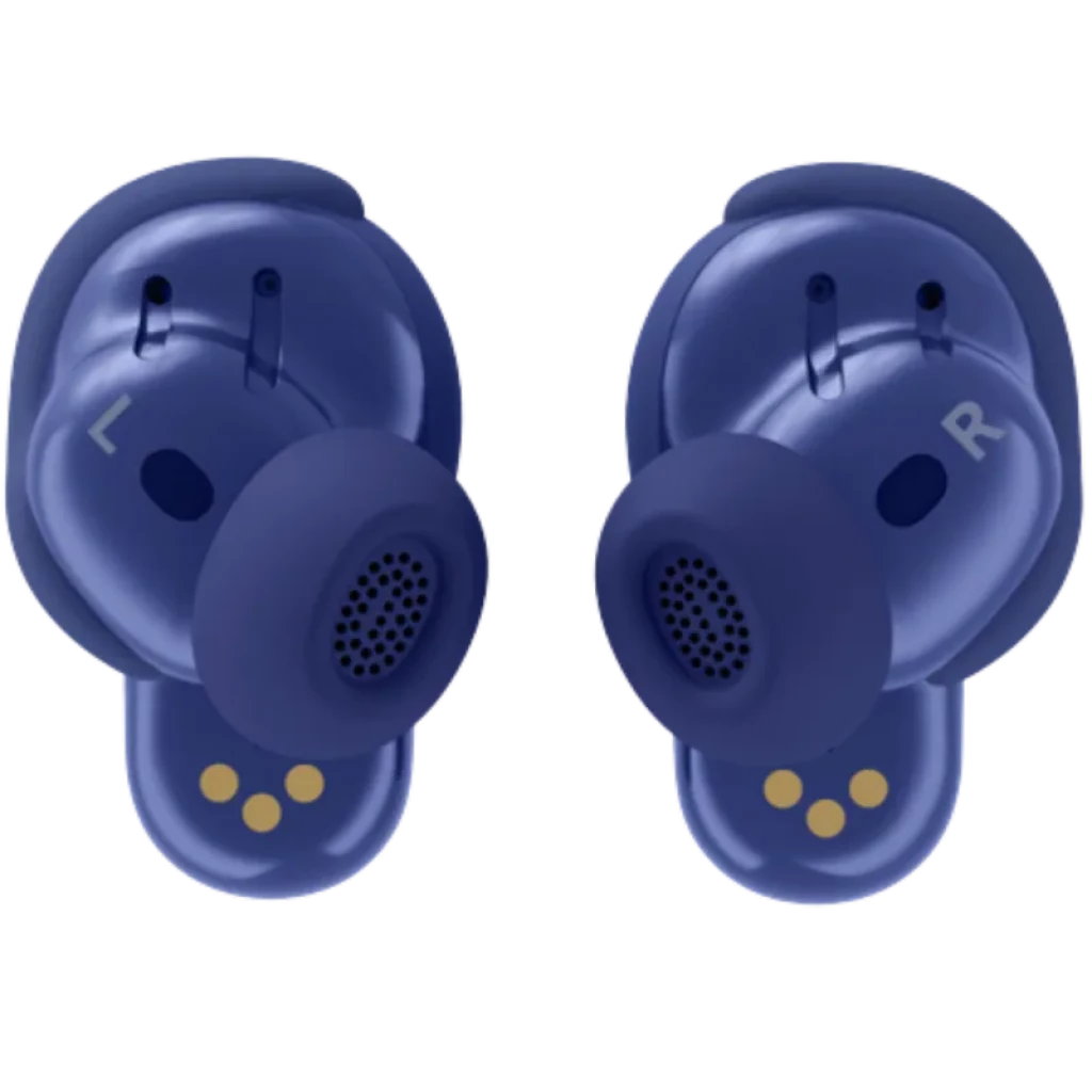 Auriculares intra-auriculares roxos com ponteiras de silicone, grelha frontal preta e contactos de carregamento dourados, marcados L e R, design compacto