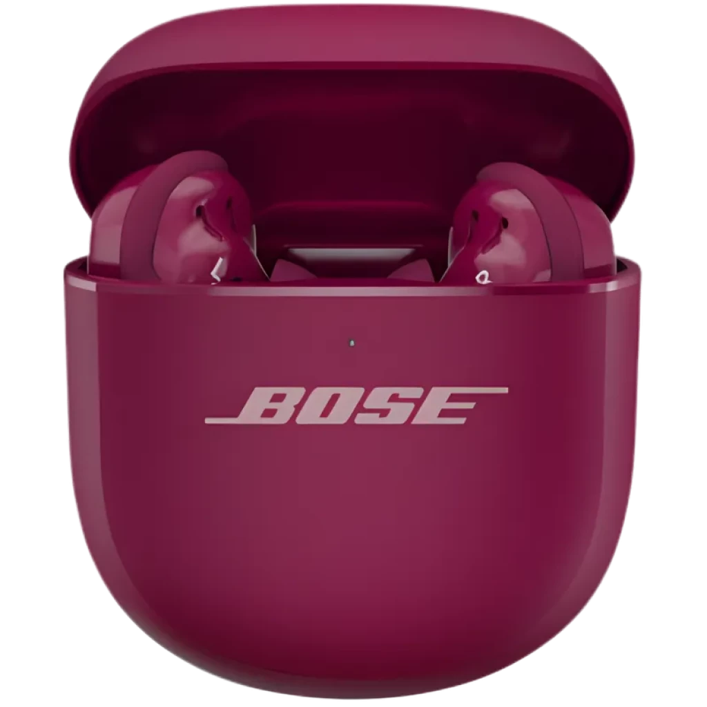 Boîtier et écouteurs Bose QuietComfort Ultra 2e génération couleur Deep Plum, design arrondi compact avec voyant LED frontal et logo Bose argenté