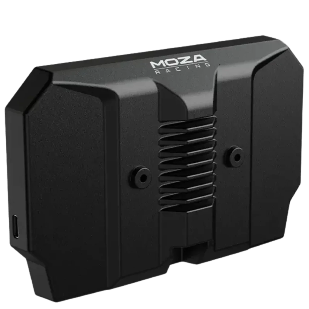 Moza Racing CM2 HD Dashboard de carreras con carcasa negra robusta, ventilación central con aletas, logo MOZA en la parte superior y puerto lateral USB-C