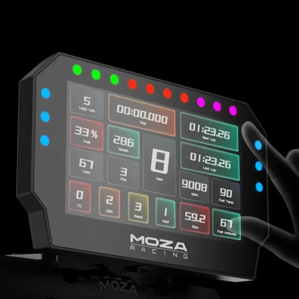 Moza Racing CM2 HD Dashboard con pantalla a color, indicadores LED multicolor y datos en tiempo real: vueltas, marchas, tiempos y telemetría clara