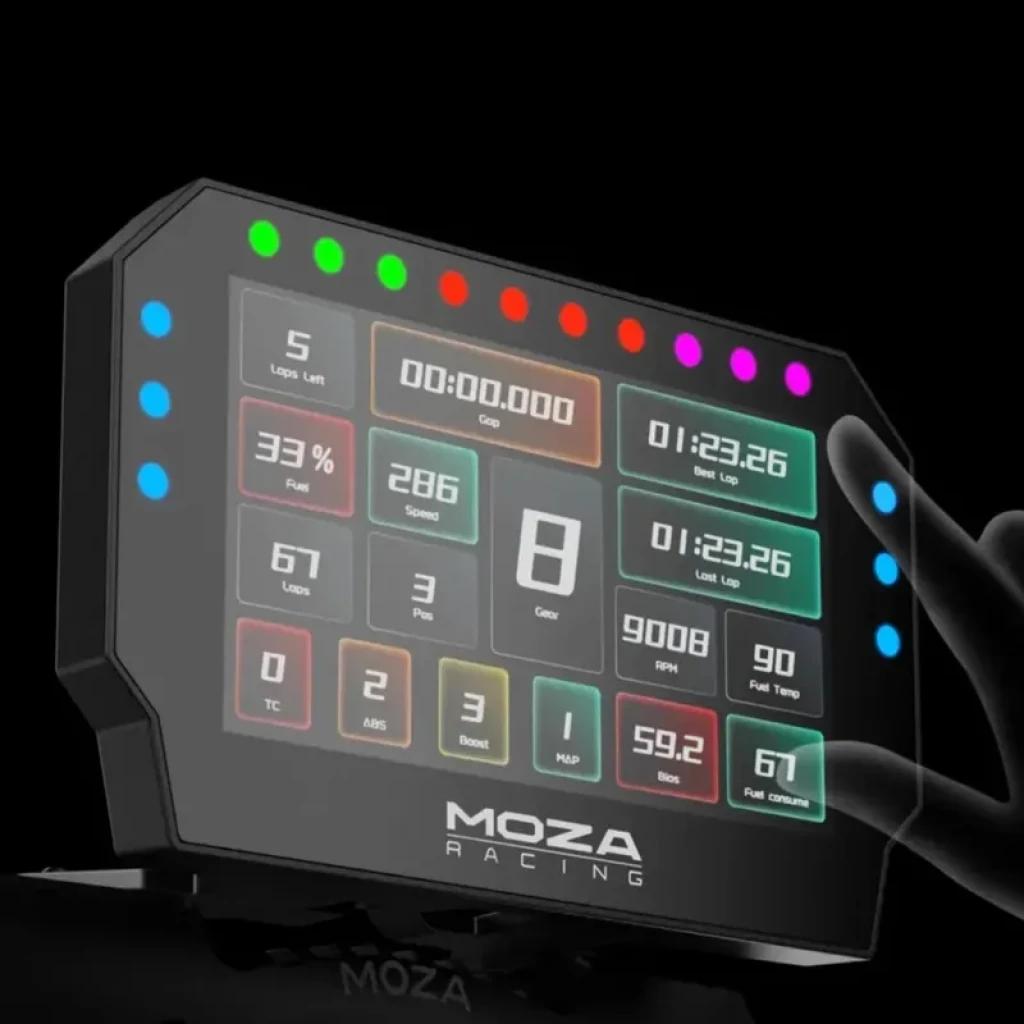 Moza Racing CM2 HD Dashboard con pantalla a color, indicadores LED multicolor y datos en tiempo real: vueltas, marchas, tiempos y telemetría clara