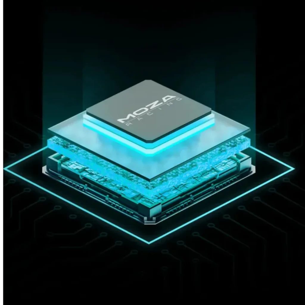 Moza Racing CM2 HD - Dashboard de carreras con chip central iluminado, capas transparentes y circuitos azules, diseño futurista y tecnología de alto