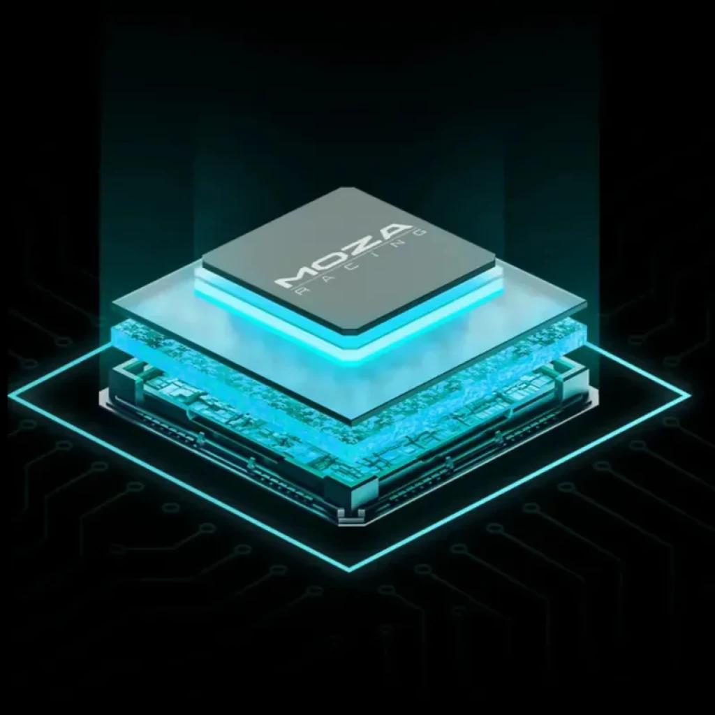 Moza Racing CM2 HD - Dashboard de carreras con chip central iluminado, capas transparentes y circuitos azules, diseño futurista y tecnología de alto