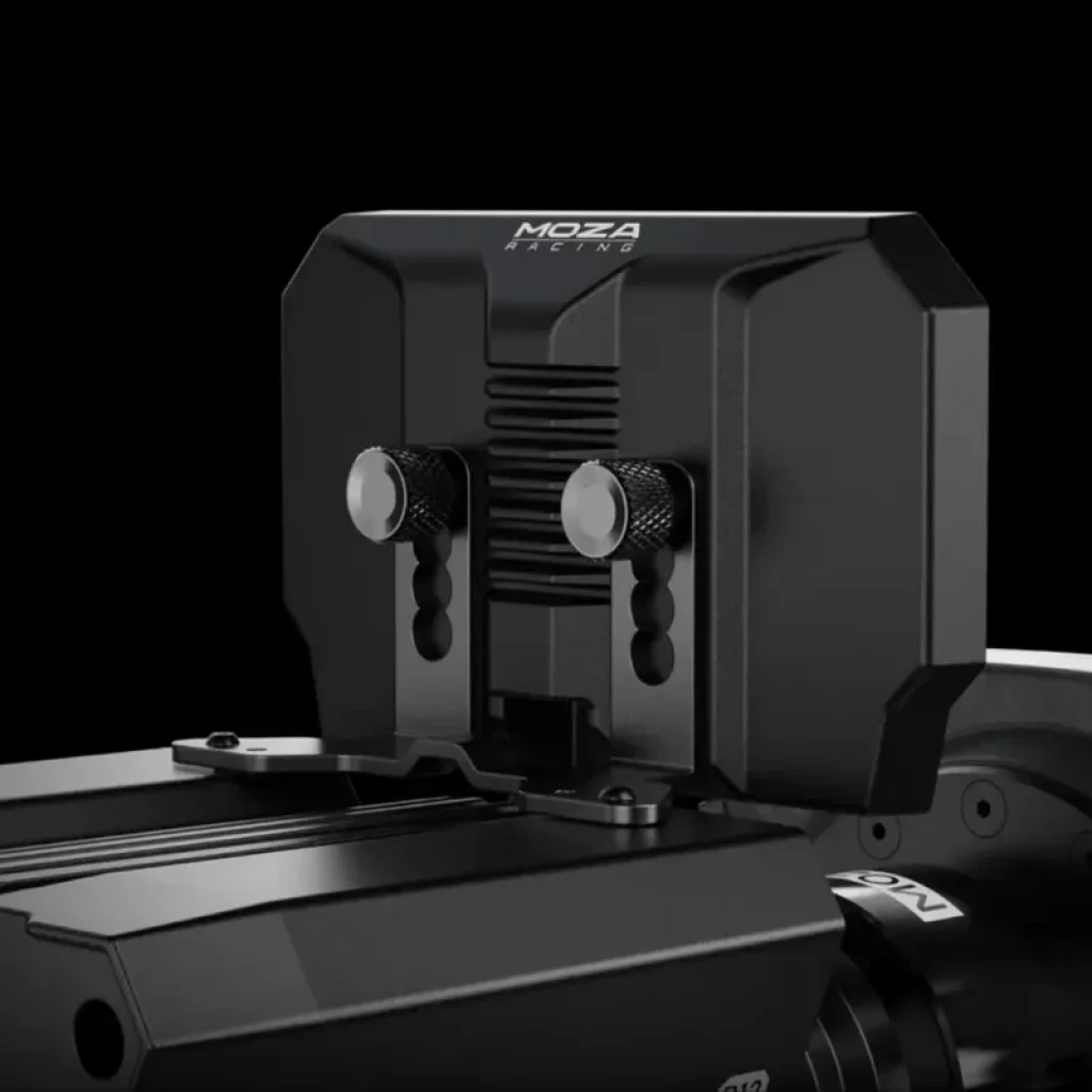 Moza Racing CM2 HD Dashboard de carreras con carcasa negra robusta, doble perilla metálica frontal y soporte ajustable sobre riel para montaje preciso