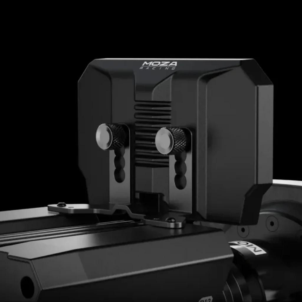 Moza Racing CM2 HD Dashboard de carreras con carcasa negra robusta, doble perilla metálica frontal y soporte ajustable sobre riel para montaje preciso