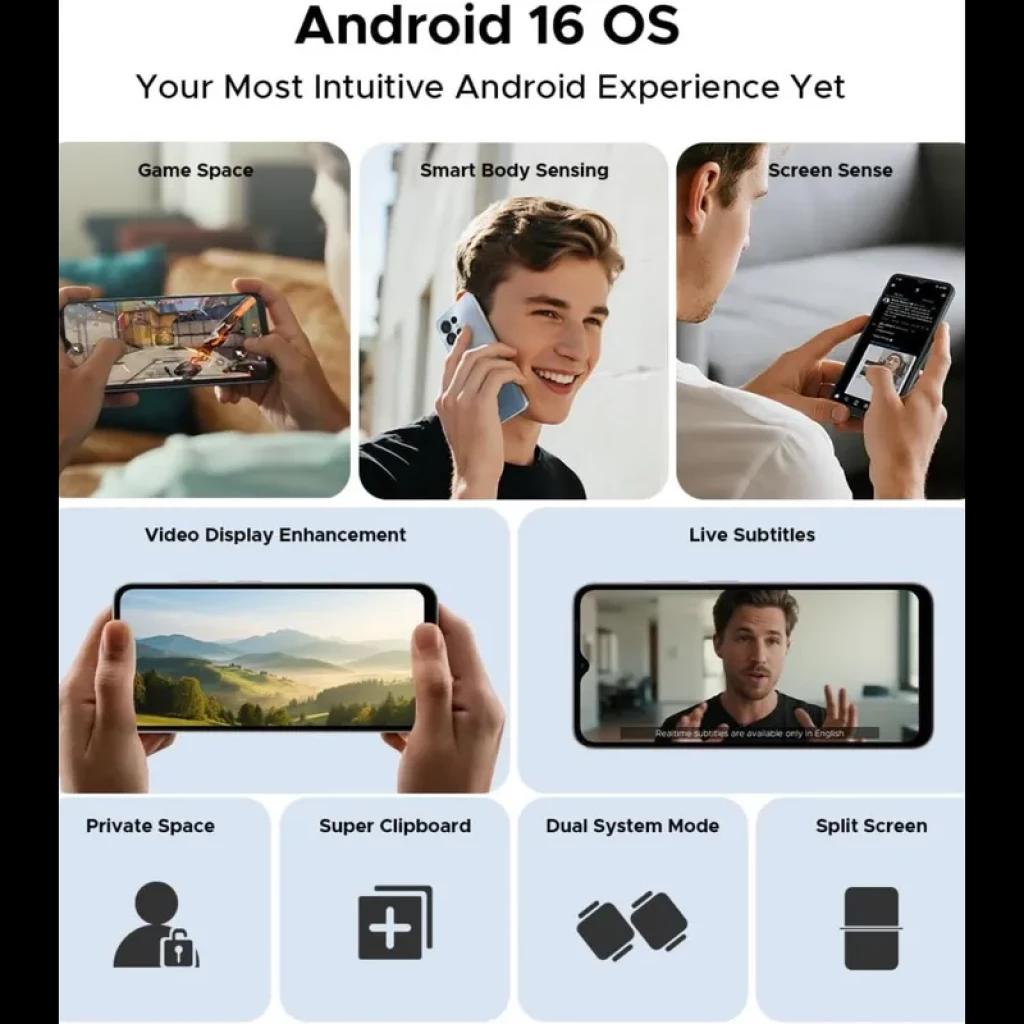 Tela 6,56 polegadas exibindo recursos do Android 16: Game Space, sensores inteligentes, legendas ao vivo, espaço privado, área dividida e dual system