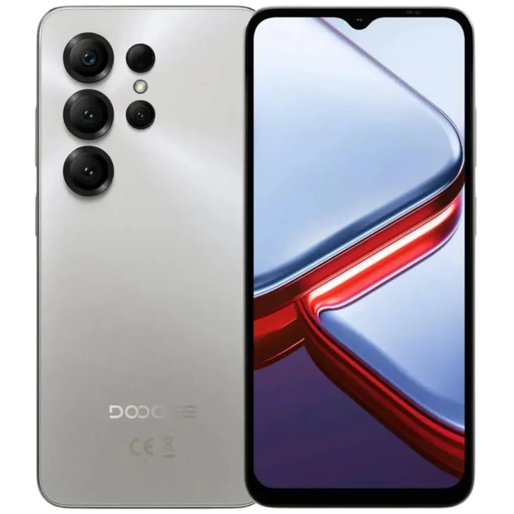 Doogee Note 56X PRO 128GB Prata com tela 6,56 polegadas, notch em gota e bordas finas. Traseira prata com módulo de câmeras triplas destacado.