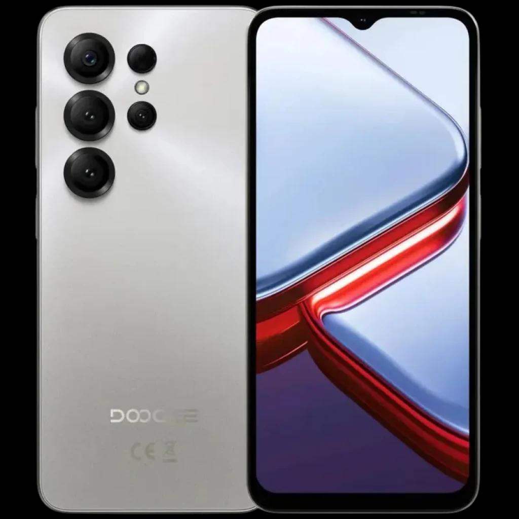 Doogee Note 56X PRO 128GB Prata com tela 6,56 polegadas, notch em gota e bordas finas. Traseira prata com módulo de câmeras triplas destacado.
