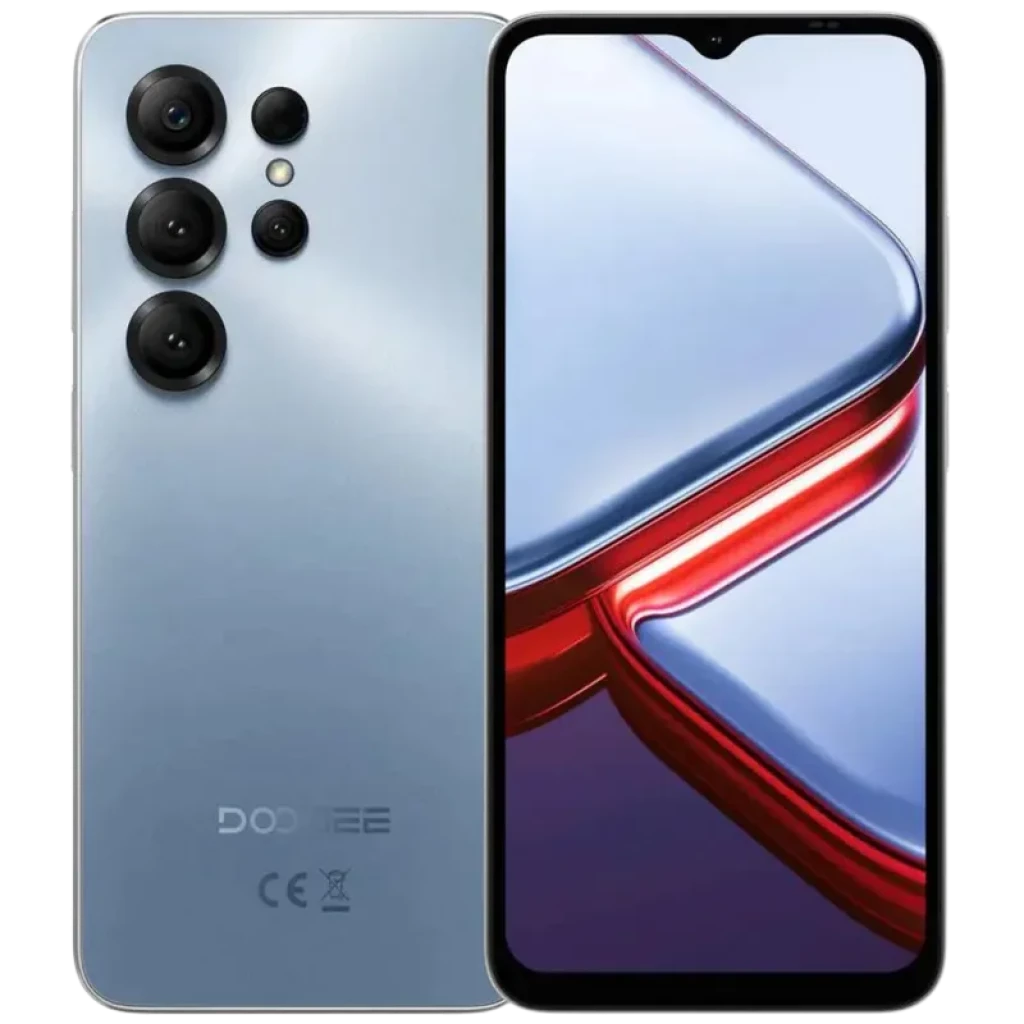 Doogee Note 56X PRO azul com tela grande de bordas finas, notch em gota e módulo traseiro com múltiplas câmeras em arranjo vertical elegante
