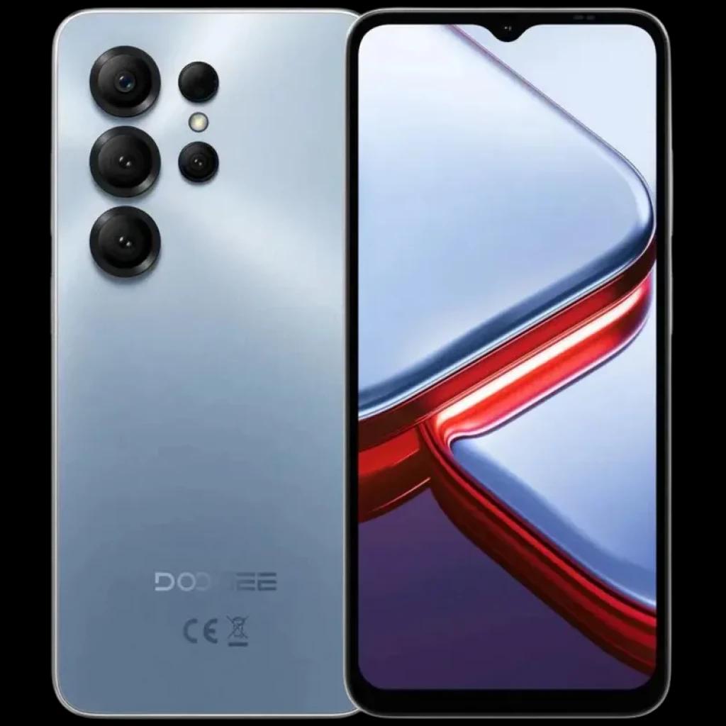 Doogee Note 56X PRO azul com tela grande de bordas finas, notch em gota e módulo traseiro com múltiplas câmeras em arranjo vertical elegante