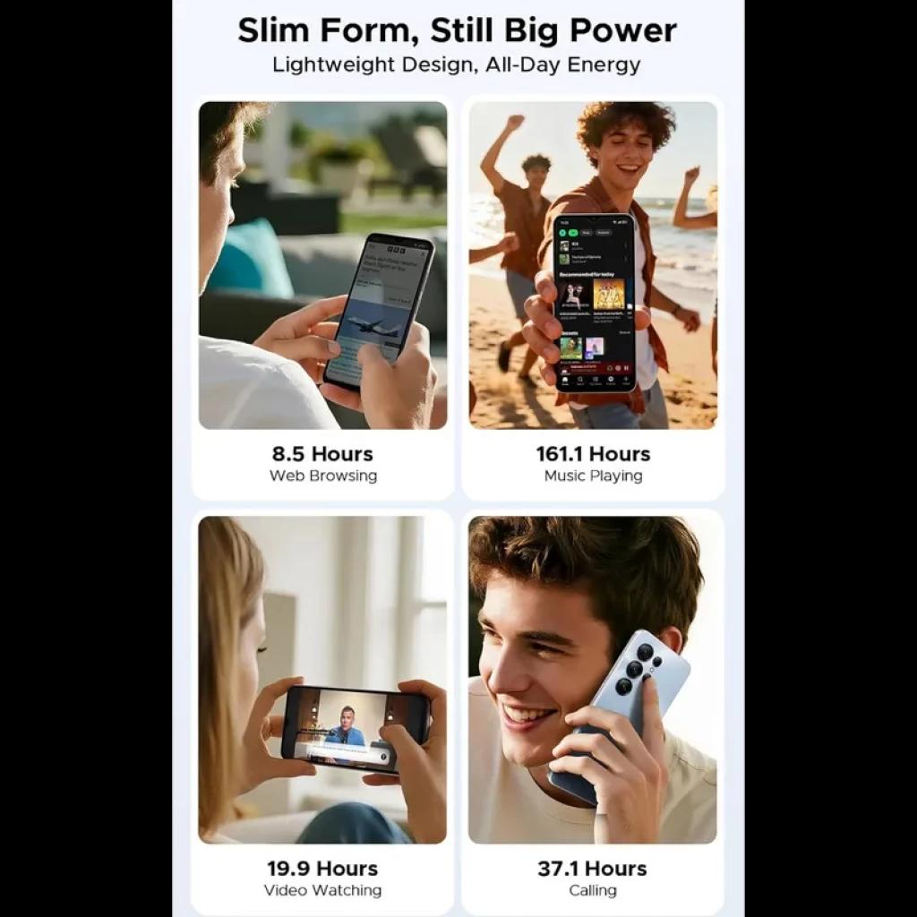 Etiqueta energética do Doogee Note 56X PRO: classe D, até 44 h 43 min de uso, bateria testada 1000 ciclos, resistência IP44, NFC, cor azul