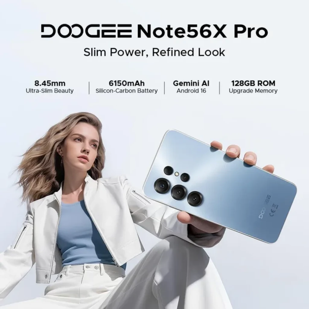 Doogee Note 56X PRO azul, corpo fino 8,45 mm e leve 195 g, módulo traseiro com múltiplas câmeras salientes, design elegante com acabamento fosco