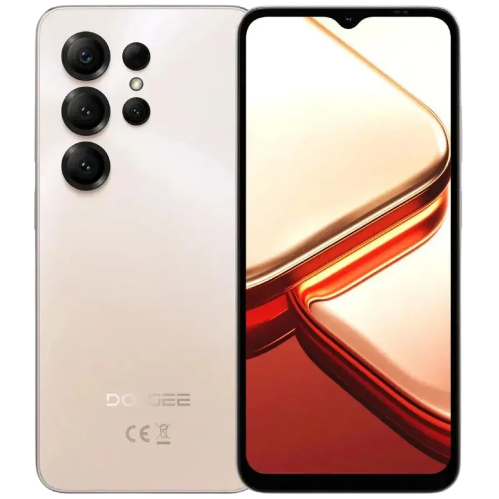 Doogee Note 56X PRO dourado com tela ampla de bordas finas, notch em gota e módulo traseiro com múltiplas câmeras e flash; acabamento metálico brilhante