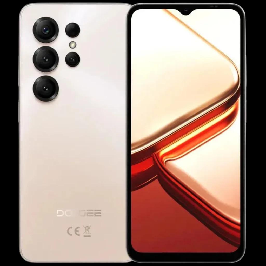 Doogee Note 56X PRO dourado com tela ampla de bordas finas, notch em gota e módulo traseiro com múltiplas câmeras e flash; acabamento metálico brilhante
