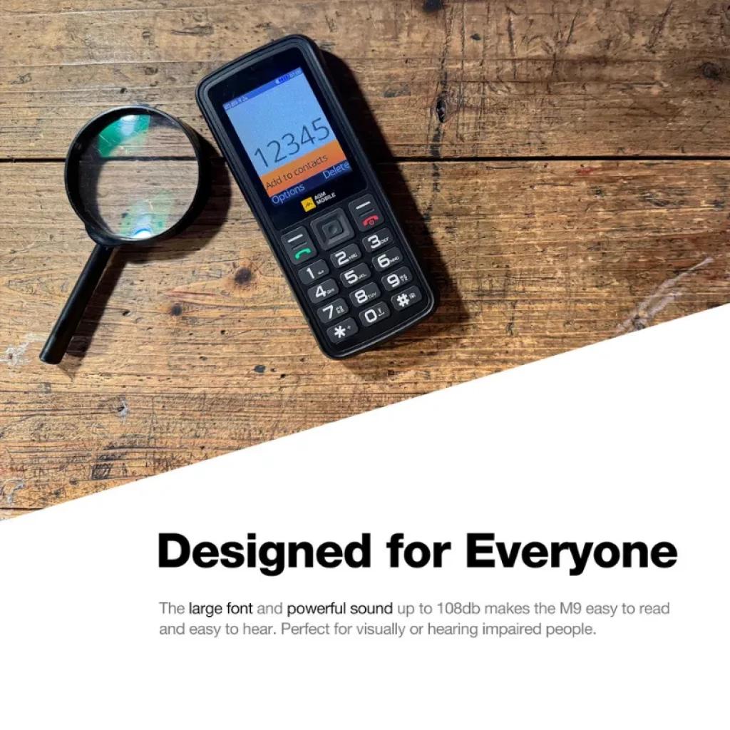AGM M9 Rugged con teclado grande y altavoz potente hasta 108 dB; pantalla legible, diseño robusto y lupa ilustrativa