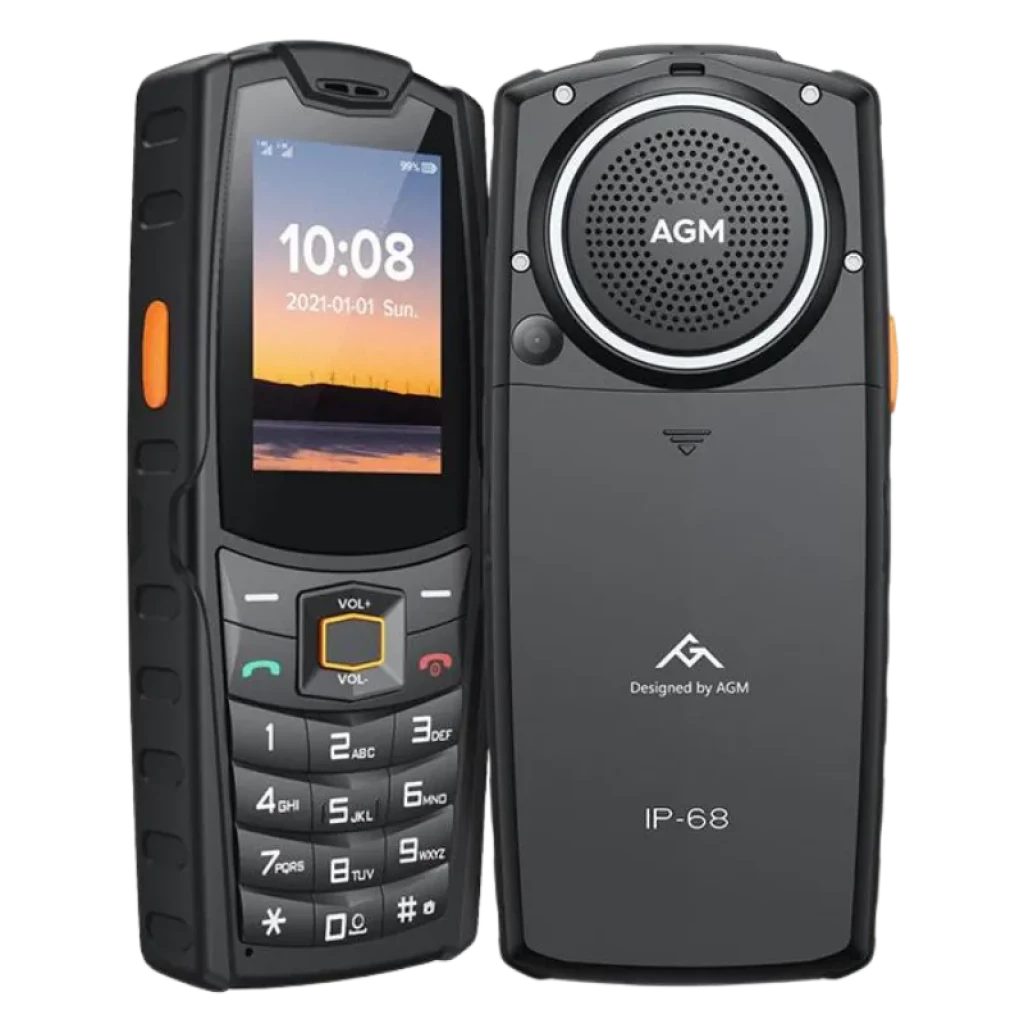 AGM M6 rugged con pantalla 2,4 pulgadas, 4G, batería 2500 mAh, gran altavoz 3,5W, teclado físico, cuerpo resistente IP68 en negro con detalles naranjas