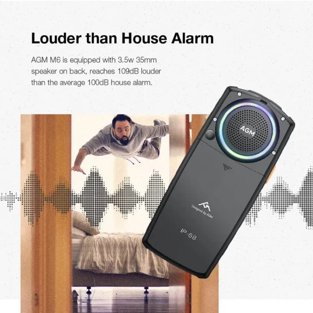 AGM M6, altifalante traseiro de 3,5 W com anel LED, design antiderrapante, corpo preto com certificação IP68