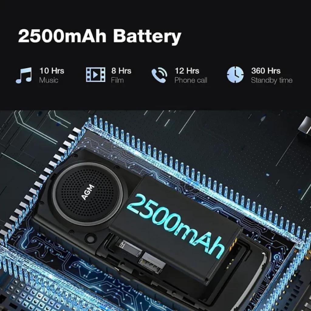 Bateria de 2500 mAh para AGM M6, módulo interno com alto-falante potente de 3,5 W. Ícones destacam 10 horas de música, 8 horas de vídeo, 12 horas de chamadas e 360 horas em espera