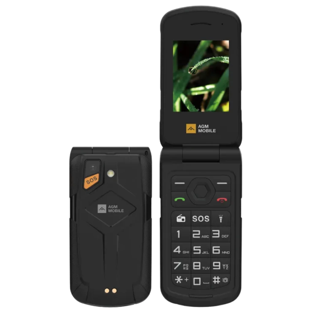 Teléfono plegable resistente AGM M10 con pantalla 2,4 pulgadas, teclas grandes, botón SOS destacado, carcasa robusta negra y cámara integrada en tapa