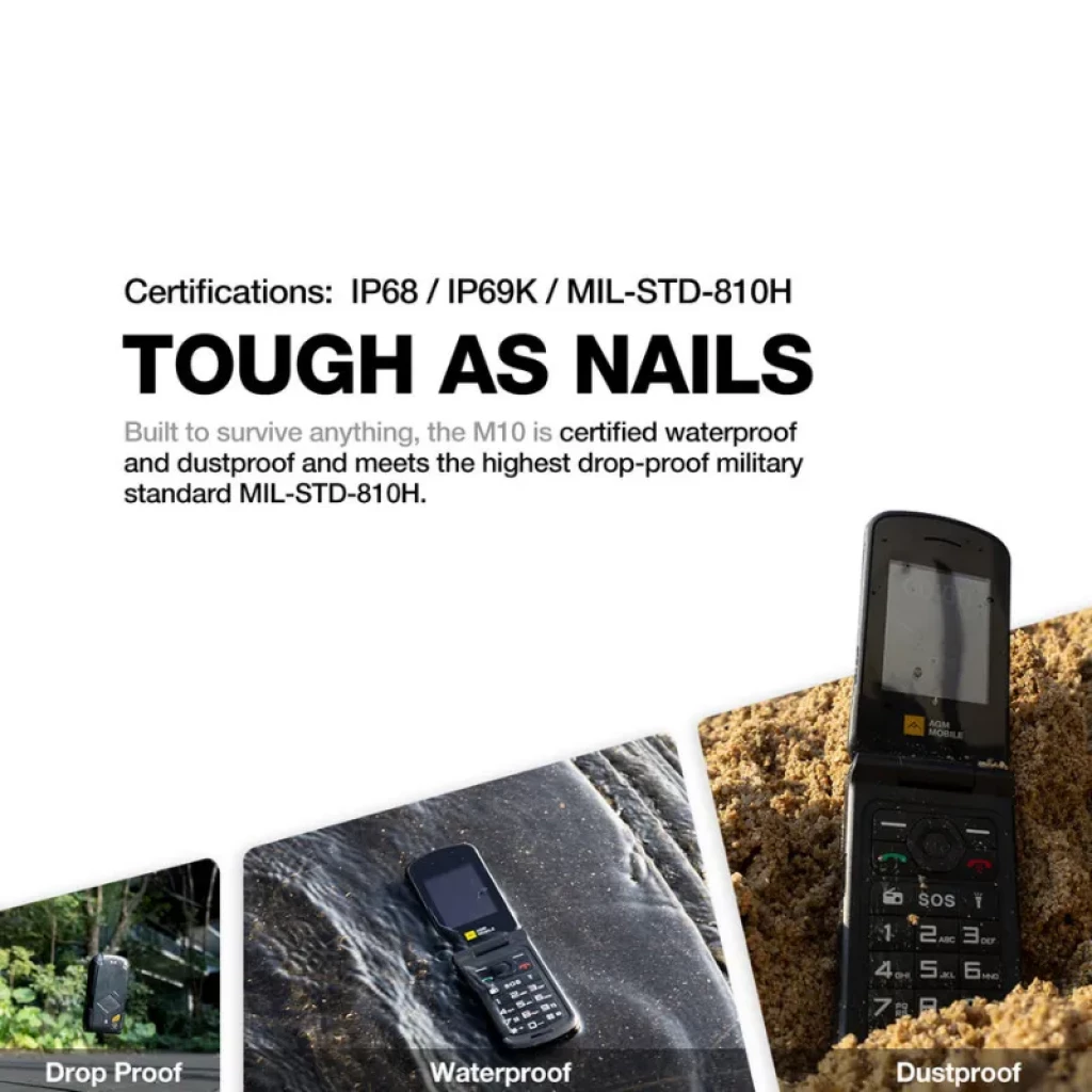Teléfono plegable AGM M10 2,4 pulgadas, 4G, carcasa rugerizada IP68 IP69K MIL-STD-810H, batería 1200 mAh, botón SOS, resistente al agua y polvo