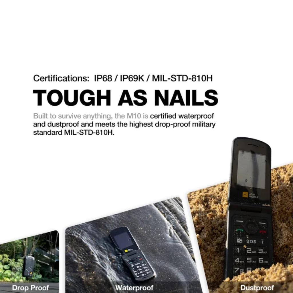 Teléfono plegable AGM M10 2,4 pulgadas, 4G, carcasa rugerizada IP68 IP69K MIL-STD-810H, batería 1200 mAh, botón SOS, resistente al agua y polvo
