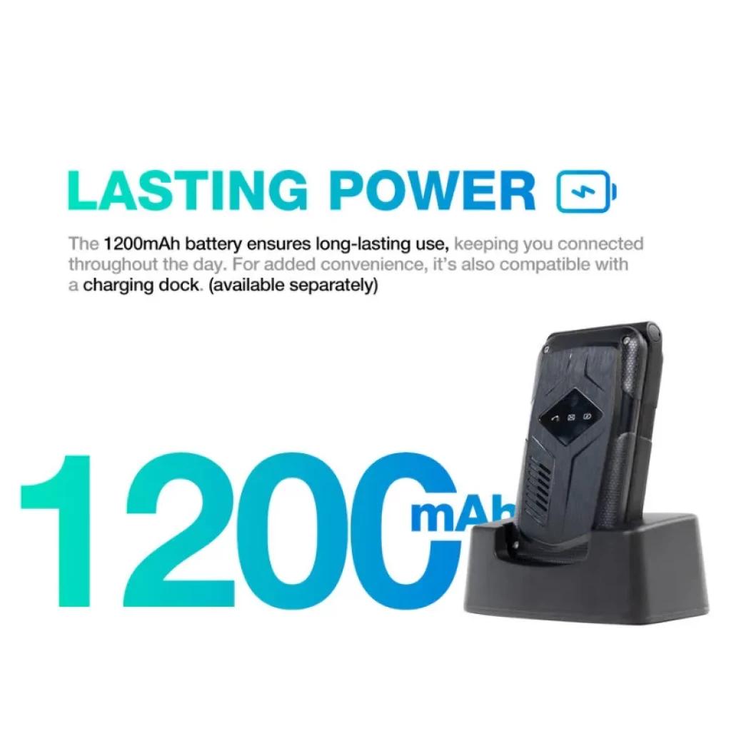 Teléfono resistente AGM M10 con pantalla de 2,4 pulgadas, base de carga, batería 1200 mAh, 4G y botón SOS; carcasa robusta antideslizante y diseño duradero