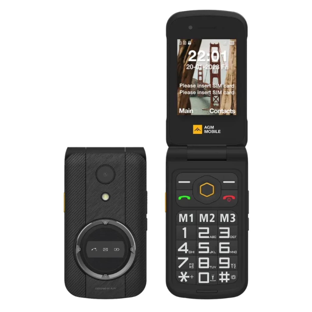Teléfono plegable AGM M8 Flip 2,8 pulgadas 4G con cuerpo rugerizado, teclado grande iluminado, botón SOS naranja lateral y batería 1500 mAh