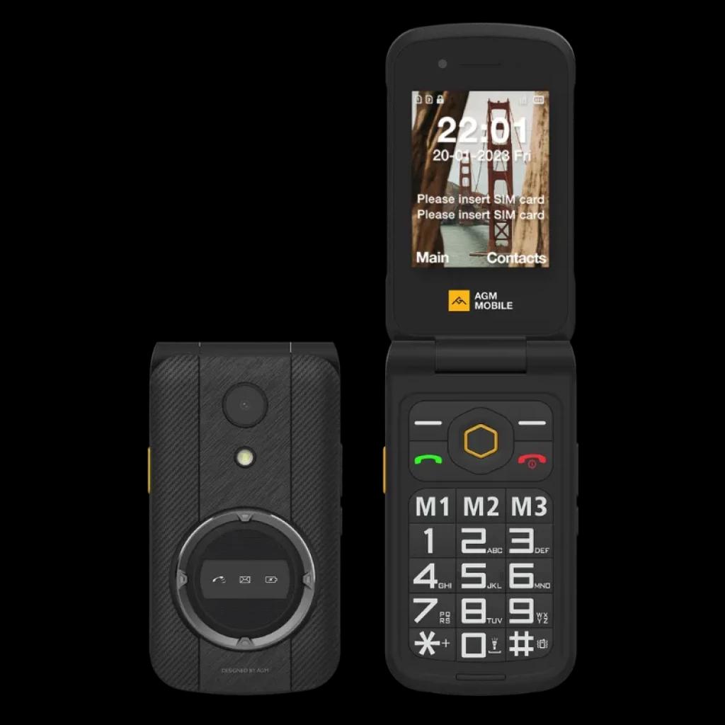 Telemóvel dobrável AGM M8 Flip de 2,8 polegadas 4G com corpo resistente, teclado grande iluminado, botão SOS laranja lateral e bateria de 1500 mAh