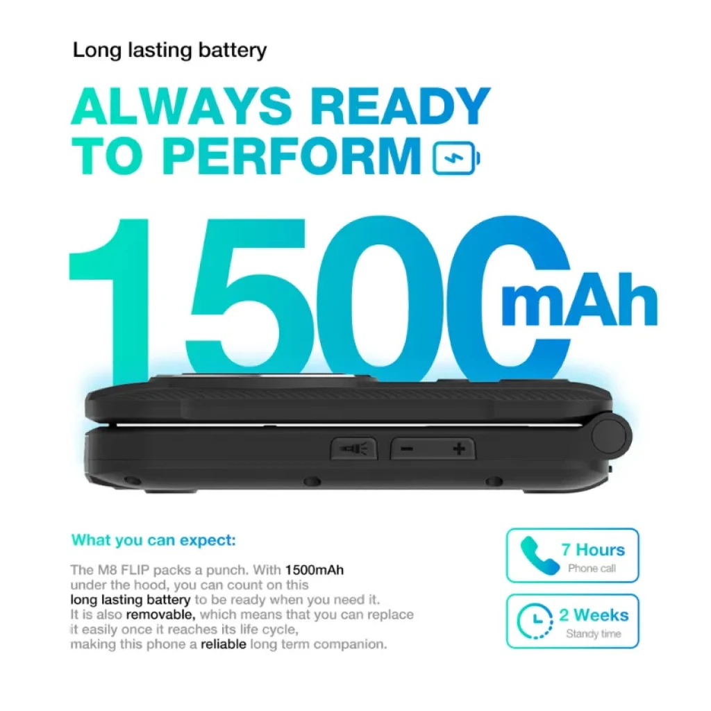 AGM M8 Flip resistente com bateria removível de 1500 mAh, ecrã de 2,8 polegadas, 4G e botão SOS; perfil lateral com teclas de volume e porta de carregamento