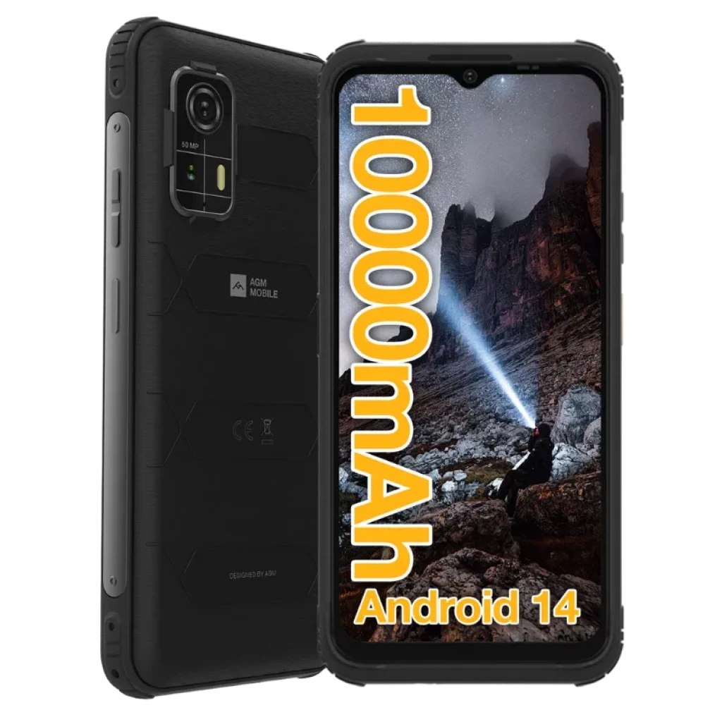 AGM H Max negro, 128GB, 4GB RAM, batería 10000 mAh, Android 14, doble cámara trasera con flash, cuerpo robusto con bordes reforzados