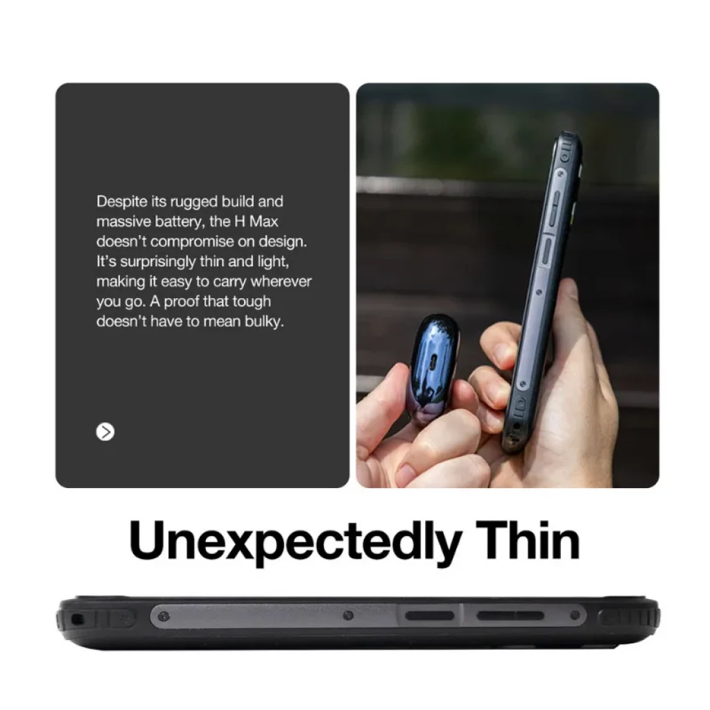 Smartphone robusto AGM H Max, cuerpo delgado y resistente, botones laterales visibles, puertos protegidos.