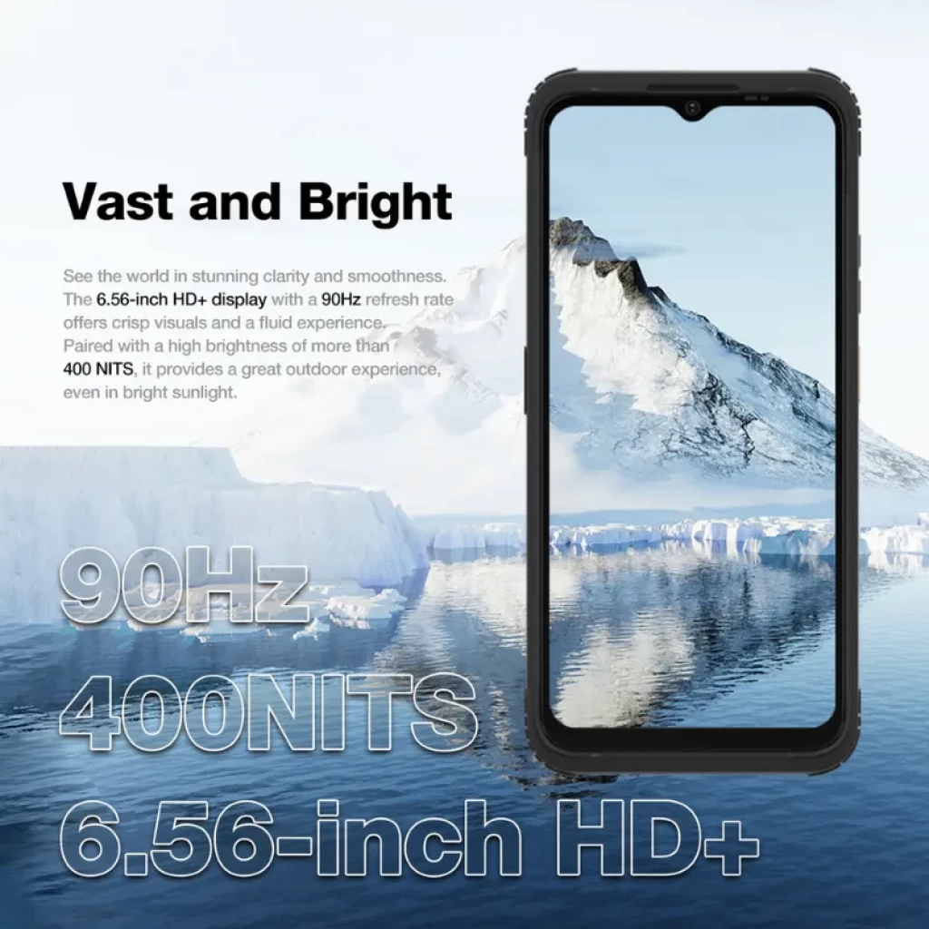 Smartphone robusto con pantalla HD+ de 6.56 pulgadas, 90Hz y 400 nits; diseño resistente con bordes reforzados y notch en gota para la cámara frontal