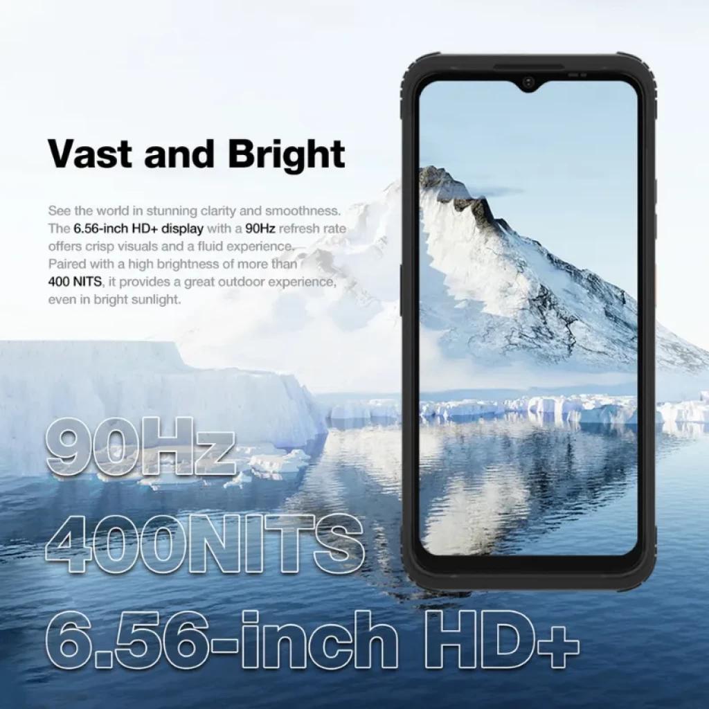 Smartphone robusto con pantalla HD+ de 6.56 pulgadas, 90Hz y 400 nits; diseño resistente con bordes reforzados y notch en gota para la cámara frontal