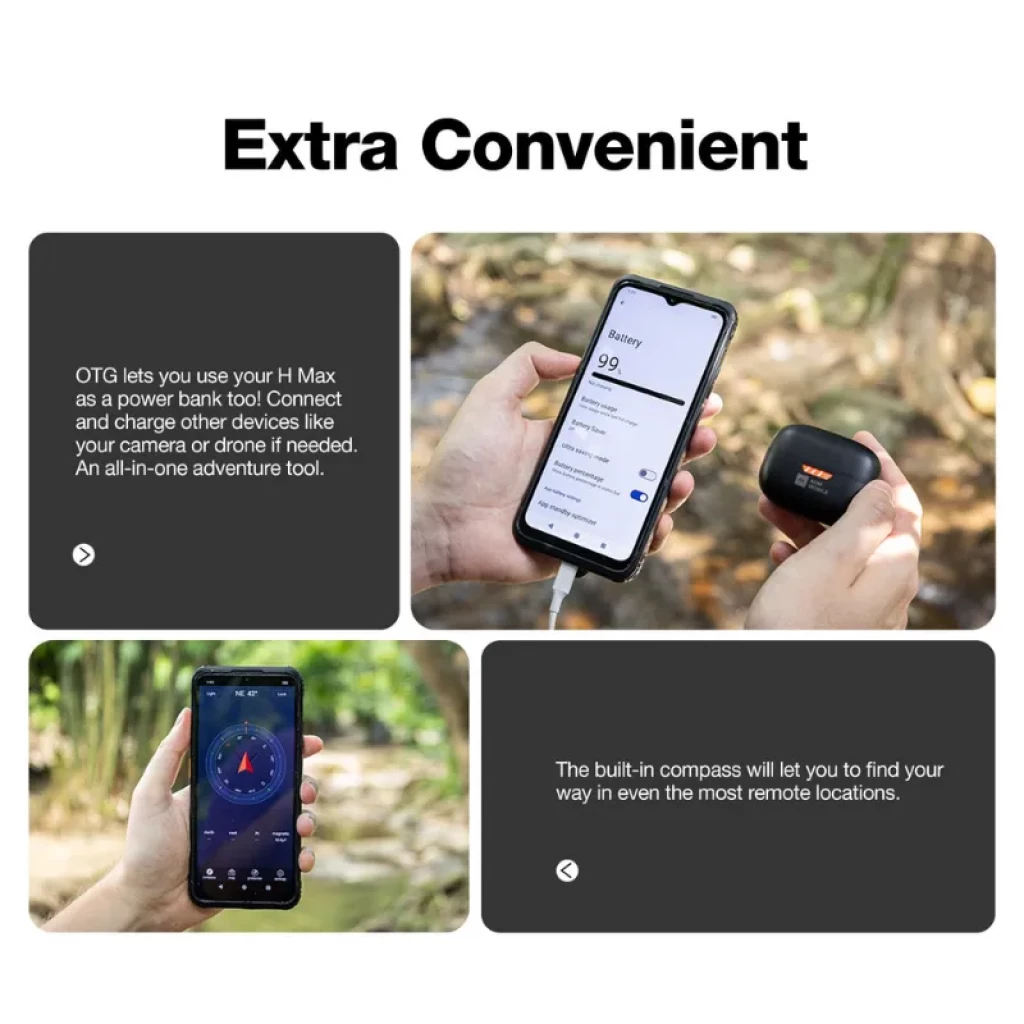 Smartphone resistente AGM H Max con pantalla robusta, batería 10000 mAh usada como power bank, puerto OTG, brújula integrada y carcasa antigolpes negra