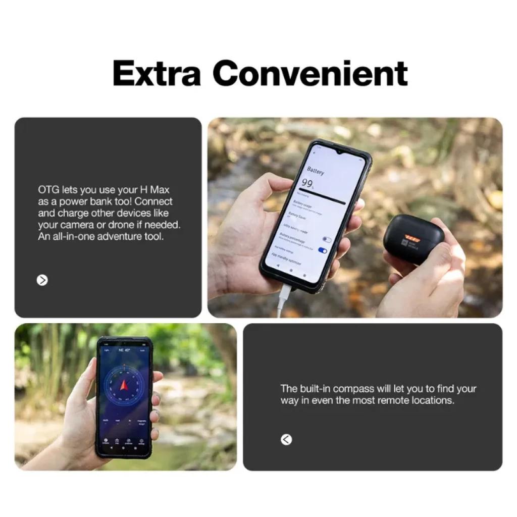 Smartphone resistente AGM H Max con pantalla robusta, batería 10000 mAh usada como power bank, puerto OTG, brújula integrada y carcasa antigolpes negra