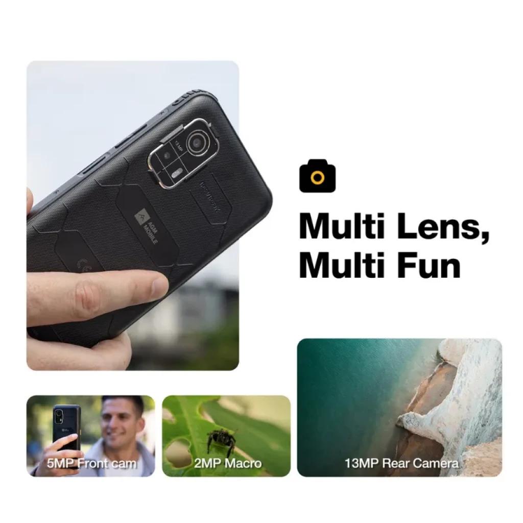 Smartphone rugerizado AGM H Max, trasera texturizada con triple cámara 13MP y módulo robusto; muestra 5MP frontal y macro 2MP, enfoque en resistencia y agarre