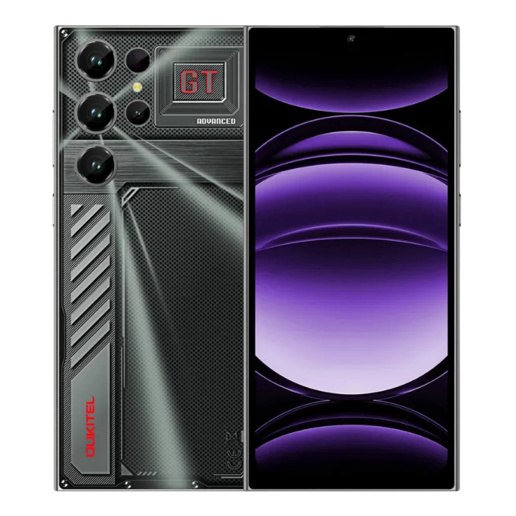 Oukitel C61 GT negro con triple cámara trasera, módulo GT resaltado y pantalla amplia tipo punch hole con biseles finos y acabado trasero texturizado