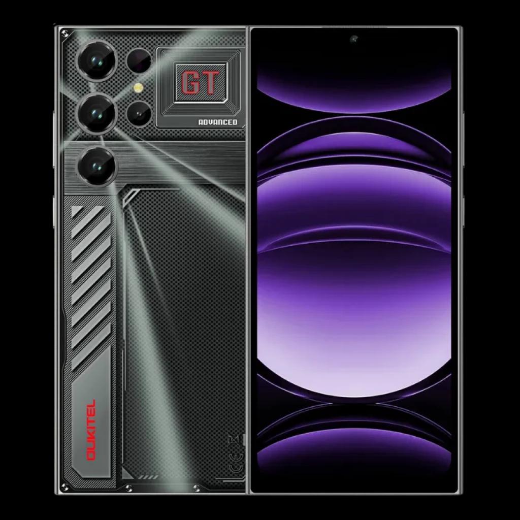 Oukitel C61 GT preto com câmara traseira tripla, módulo GT destacado e ecrã amplo tipo punch hole com molduras finas e acabamento traseiro texturizado