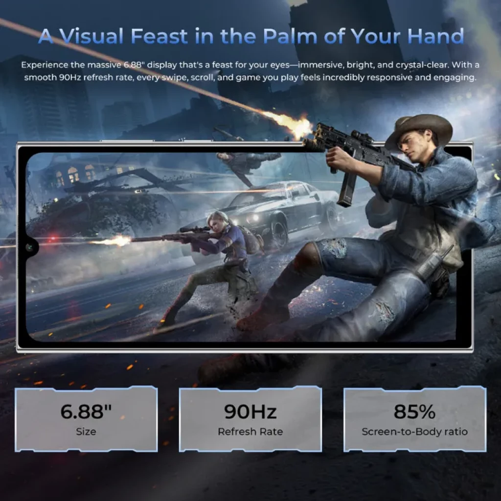 Oukitel C61 GT preto com ecrã de 6,8 polegadas e 90 Hz quase sem bordas, câmara frontal no entalhe central, corpo fino, ideal para jogos e multimédia