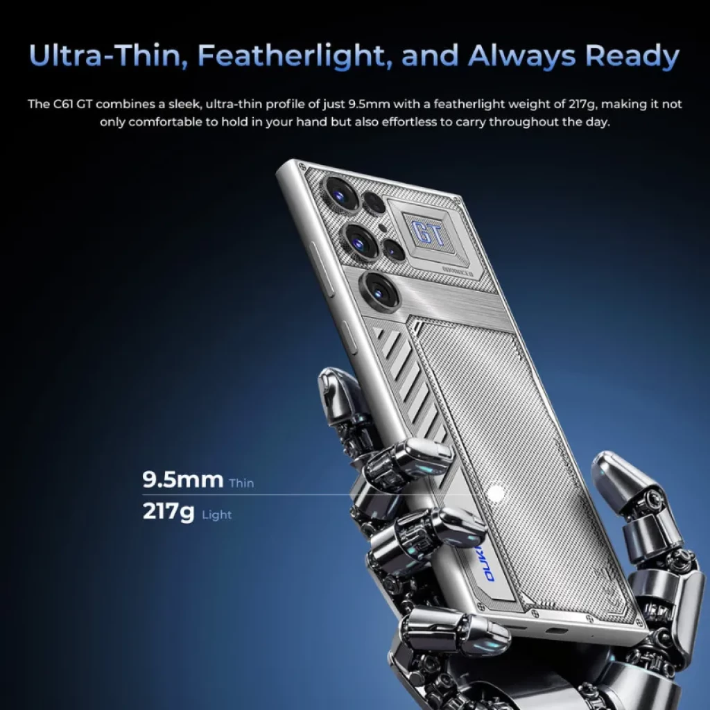 Oukitel C61 GT Preto com design ultrafino de 9,5 mm, câmara traseira tripla, acabamento metálico texturizado e estrutura resistente, leve e moderna