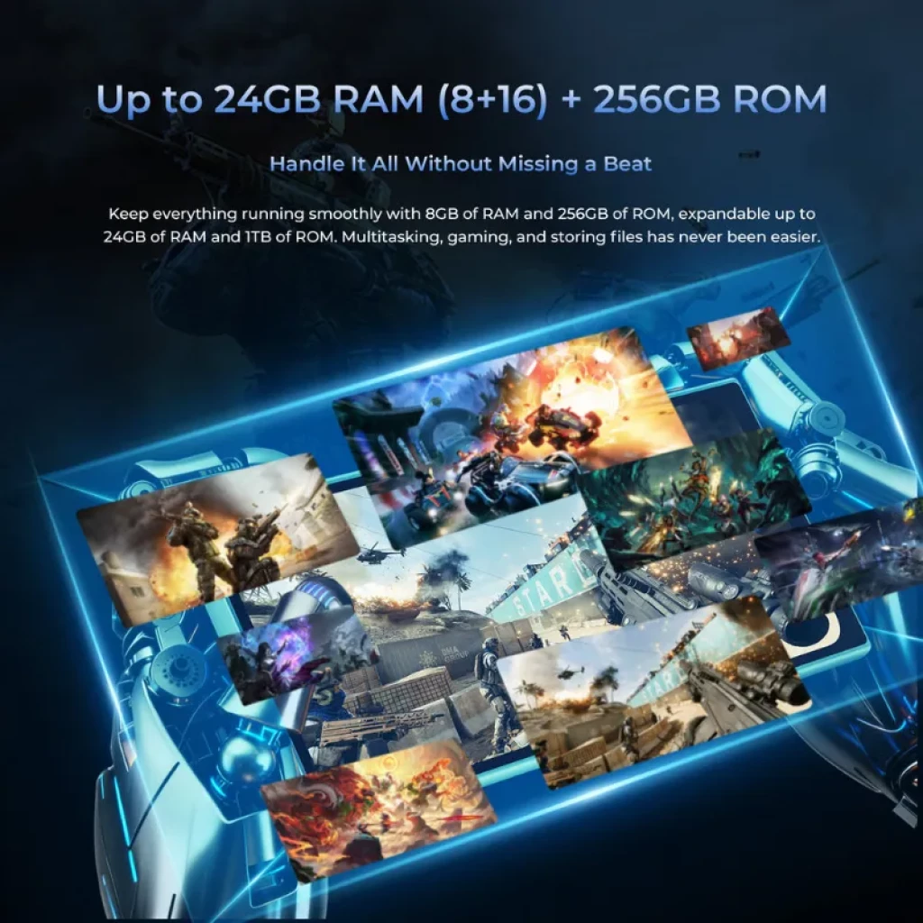 Oukitel C61 GT Preto com ecrã amplo de 6,8 polegadas, design moderno; destaca-se pelo poder para jogos, 8 GB de RAM expansível e 256 GB de armazenamento