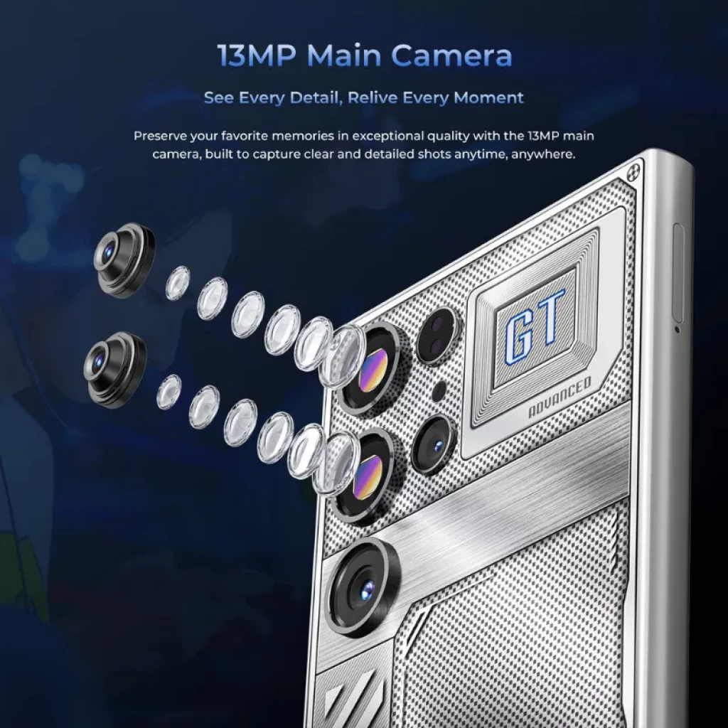 Oukitel C61 GT Preto com módulo de câmara traseira destacado, lente de 13 MP e design metálico texturizado com detalhes GT no painel, estilo robusto