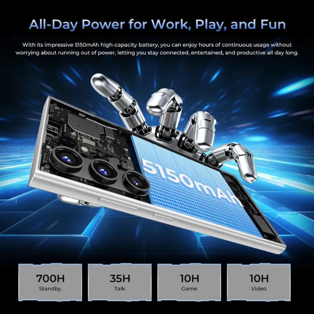 Oukitel C61 GT Preto com bateria de 5150 mAh, vista interna parcial do módulo e câmara traseira tripla; ecrã grande de 6,8 polegadas e design moderno