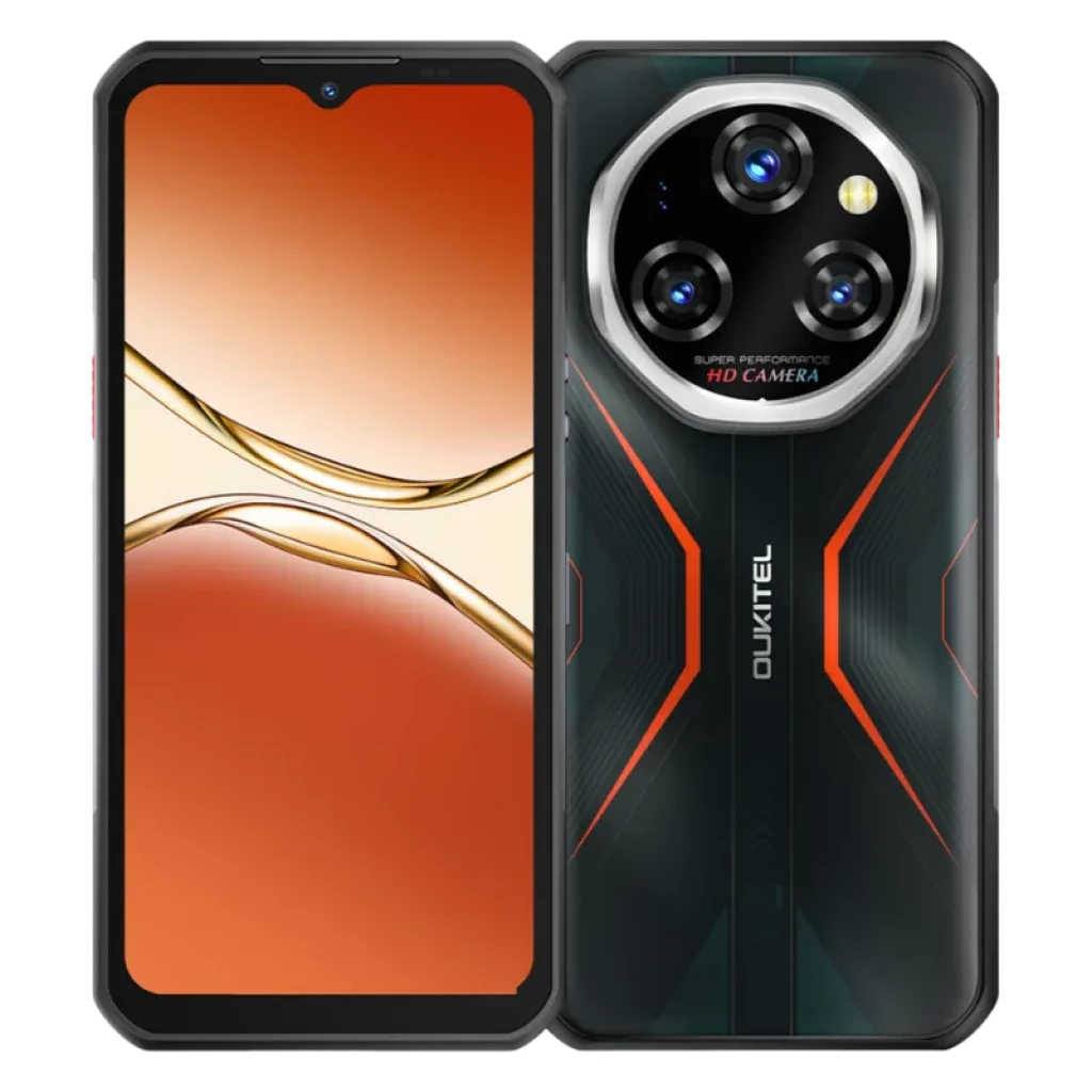 Smartphone robusto naranja con pantalla completa y módulo trasero circular de triple cámara y flash, diseño X texturizado y laterales con botones rojos