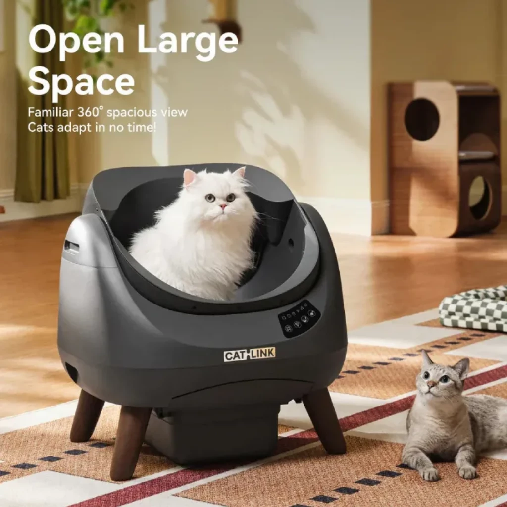 Catlink Open-X Blanco Con Tapa Abierta WiFi arenero autolimpiable gris oscuro con tambor abierto, panel de control, patas de madera y diseño espacioso 360°