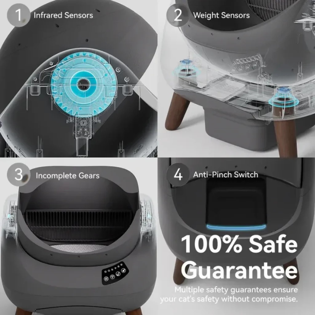Catlink Open-X Blanco con tapa abierta y WiFi: arenero autolimpiable con sensores infrarrojos y de peso, interruptor antipellizcos y patas de madera