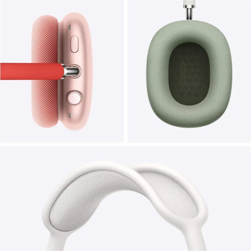 Apple AirPods Max Blanco Estrella con diadema de malla blanca, almohadillas verdes transpirables y copa lateral rosa con botón y puerto Lightning, renovado