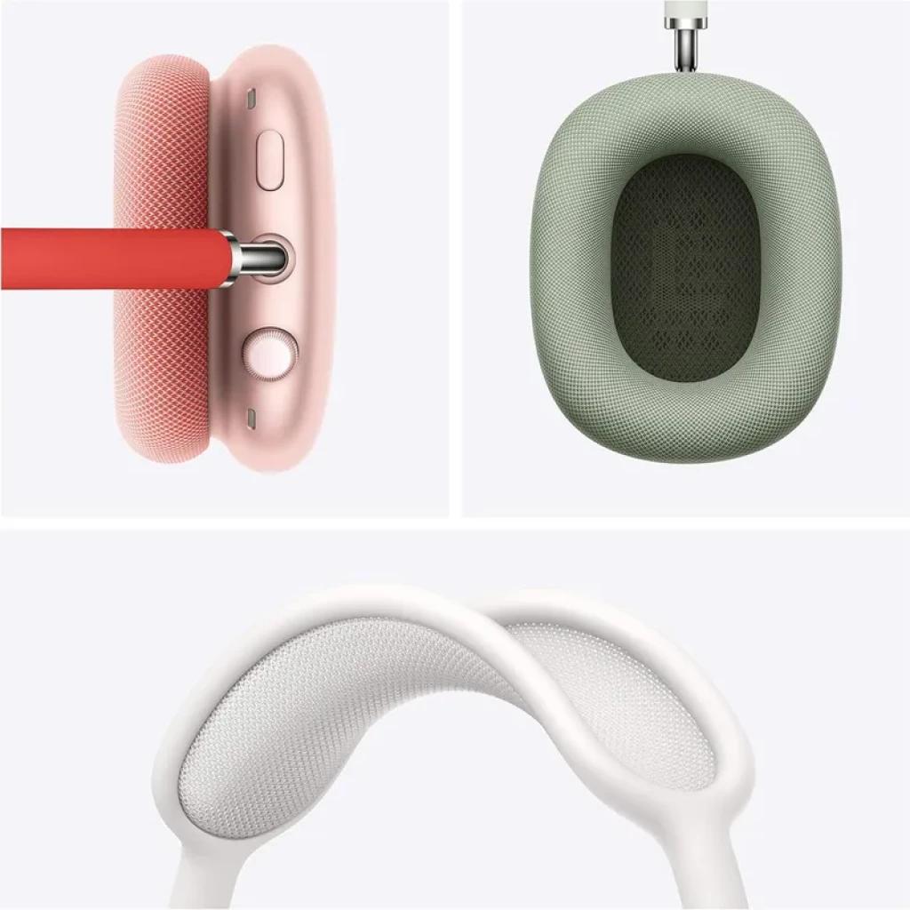 Apple AirPods Max Blanco Estrella con diadema de malla blanca, almohadillas verdes transpirables y copa lateral rosa con botón y puerto Lightning, renovado